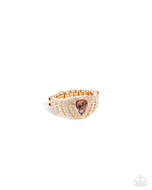 Paparazzi Dreaming of Decadence - Brown Topaz Teardrop Gem & Gold Ring R0819
