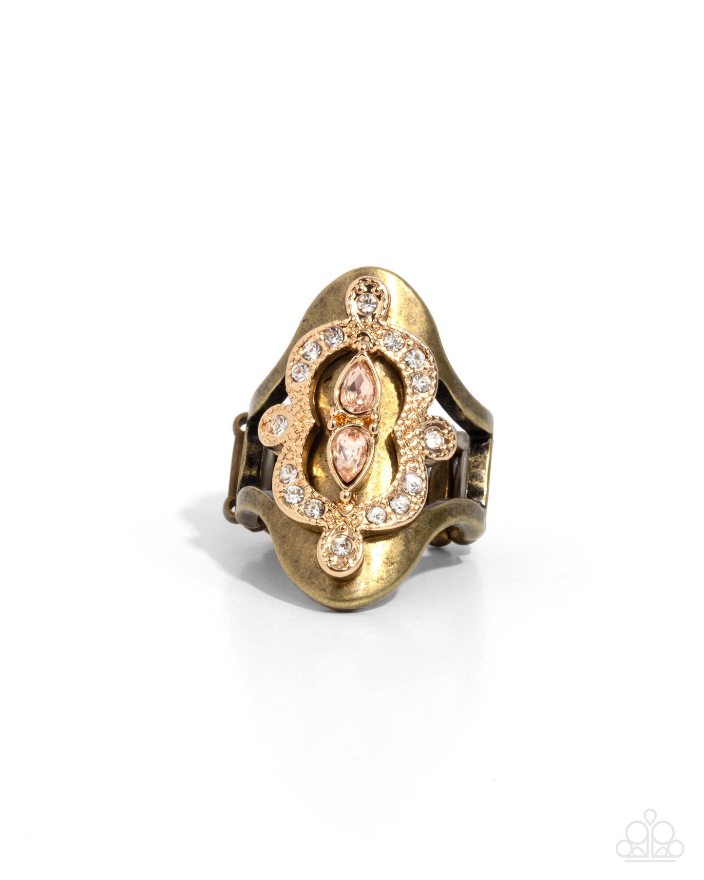 Tiered Timeline - Brass & Gold Filigree White & Peach Gem Santa Fe Style Ring Paparazzi R0899