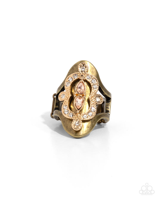 Paparazzi Tiered Timeline - Brass & Gold Filigree White & Peach Gem Santa Fe Style Ring R0899