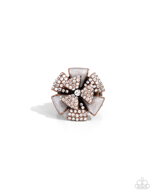 Persuasive Pizzazz - Copper & White Rhinestone Ribbon Petal Floral Ring Paparazzi R0905