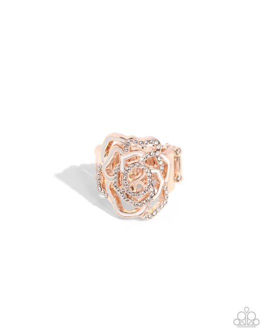 Repetitive Rose - Rose Gold & White Rhinestone Rose Flower Ring Paparazzi R1129