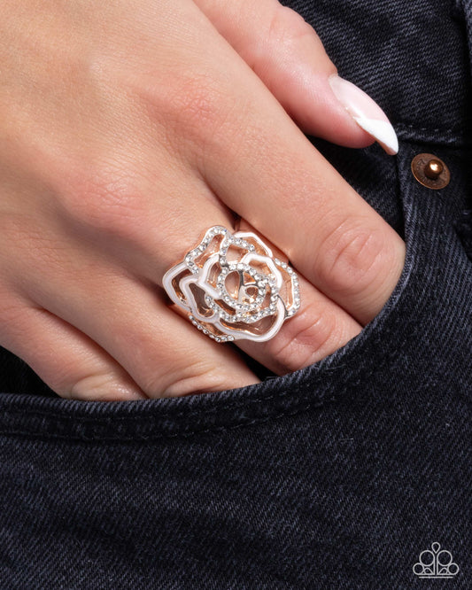 Repetitive Rose - Rose Gold & White Rhinestone Rose Flower Ring Paparazzi R1129