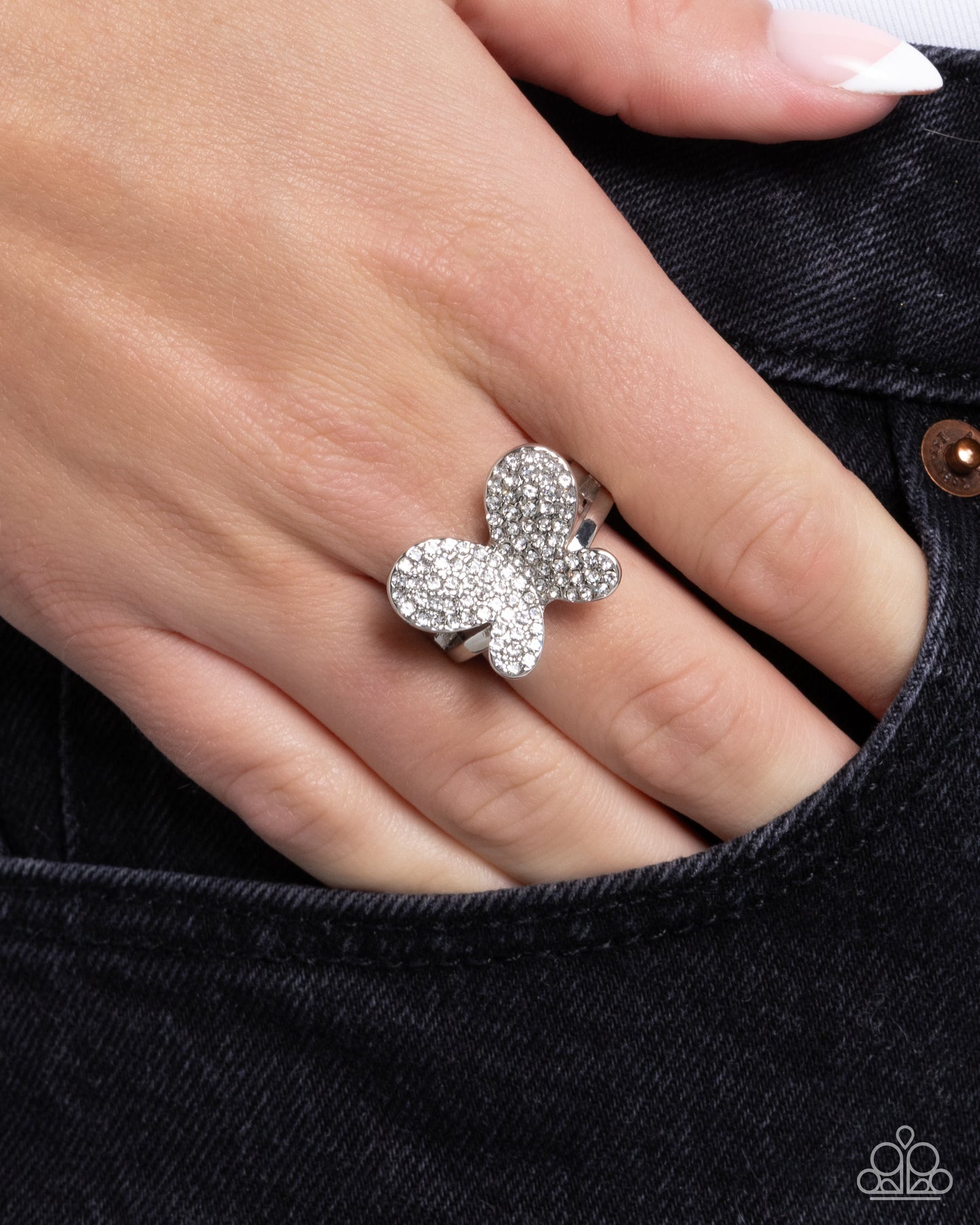 Aerial Anthem - White Rhinestone & Silver Butterfly Ring Paparazzi R0909