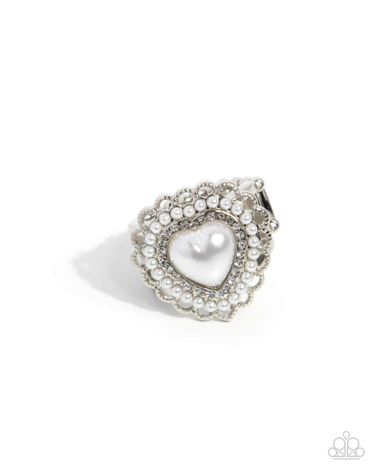 Opulent Overlay - White Pearl & Rhinestone Heart Ring Paparazzi R0846