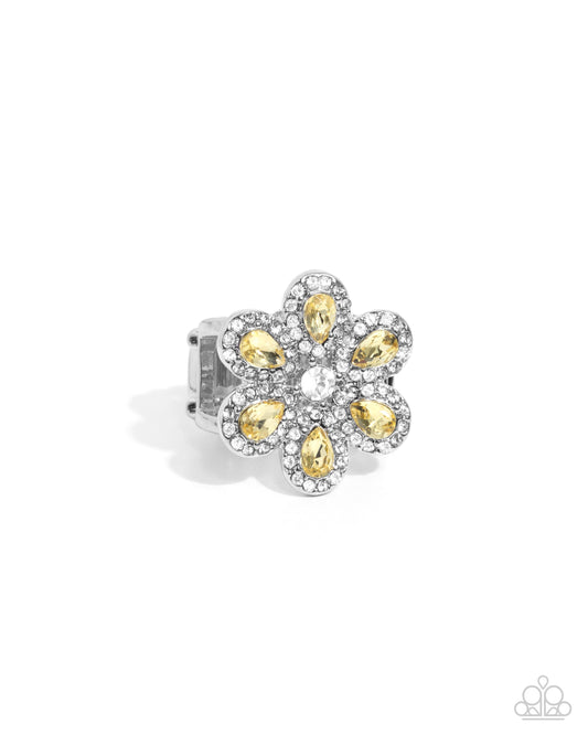 Petaled Promenade - Yellow Teardrop Gem & White Rhinestone Silver Flower Ring Paparazzi R0869