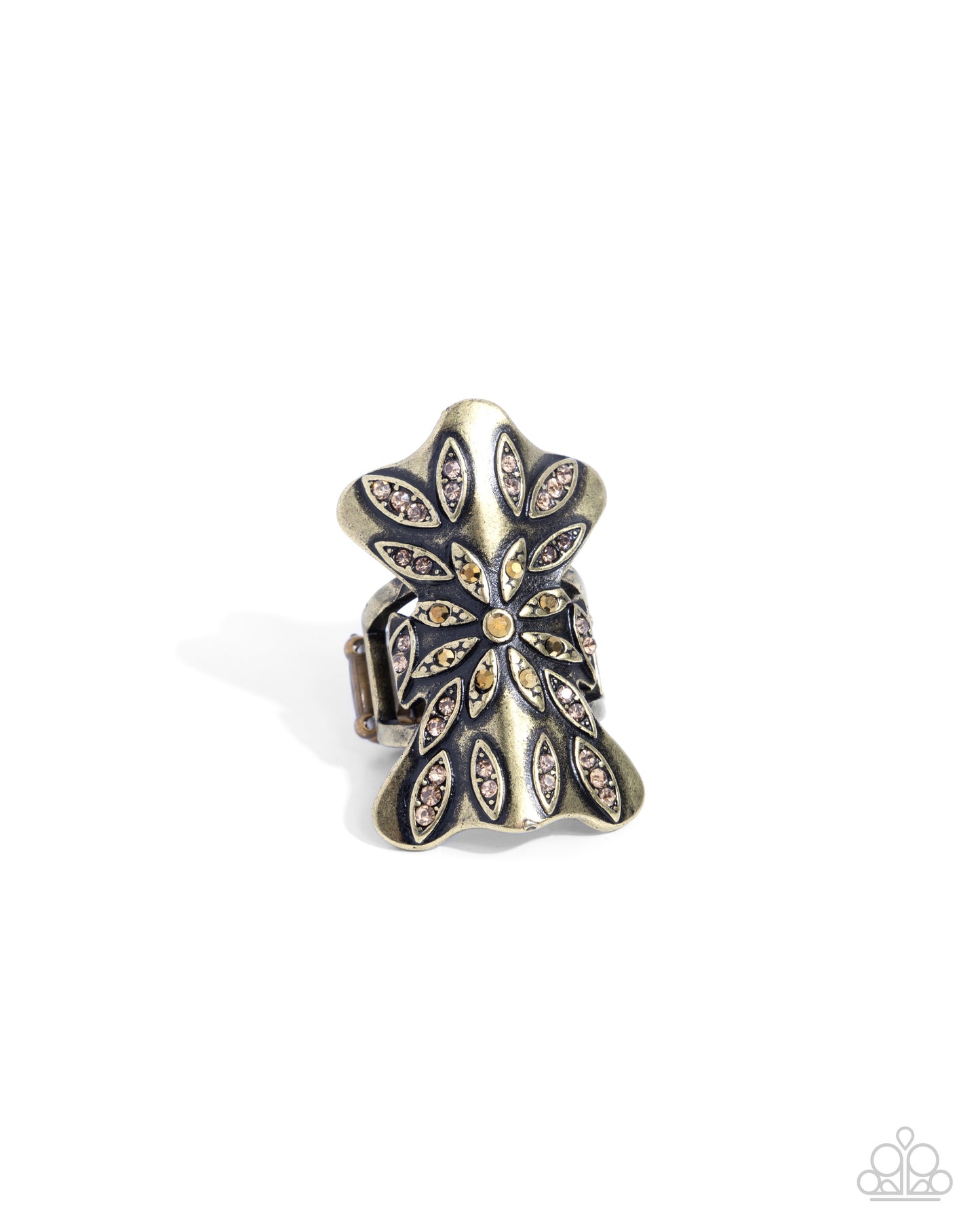 Different Dazzle - Brass Topaz & Aurum Rhinestone Floral Ring Paparazzi R0838
