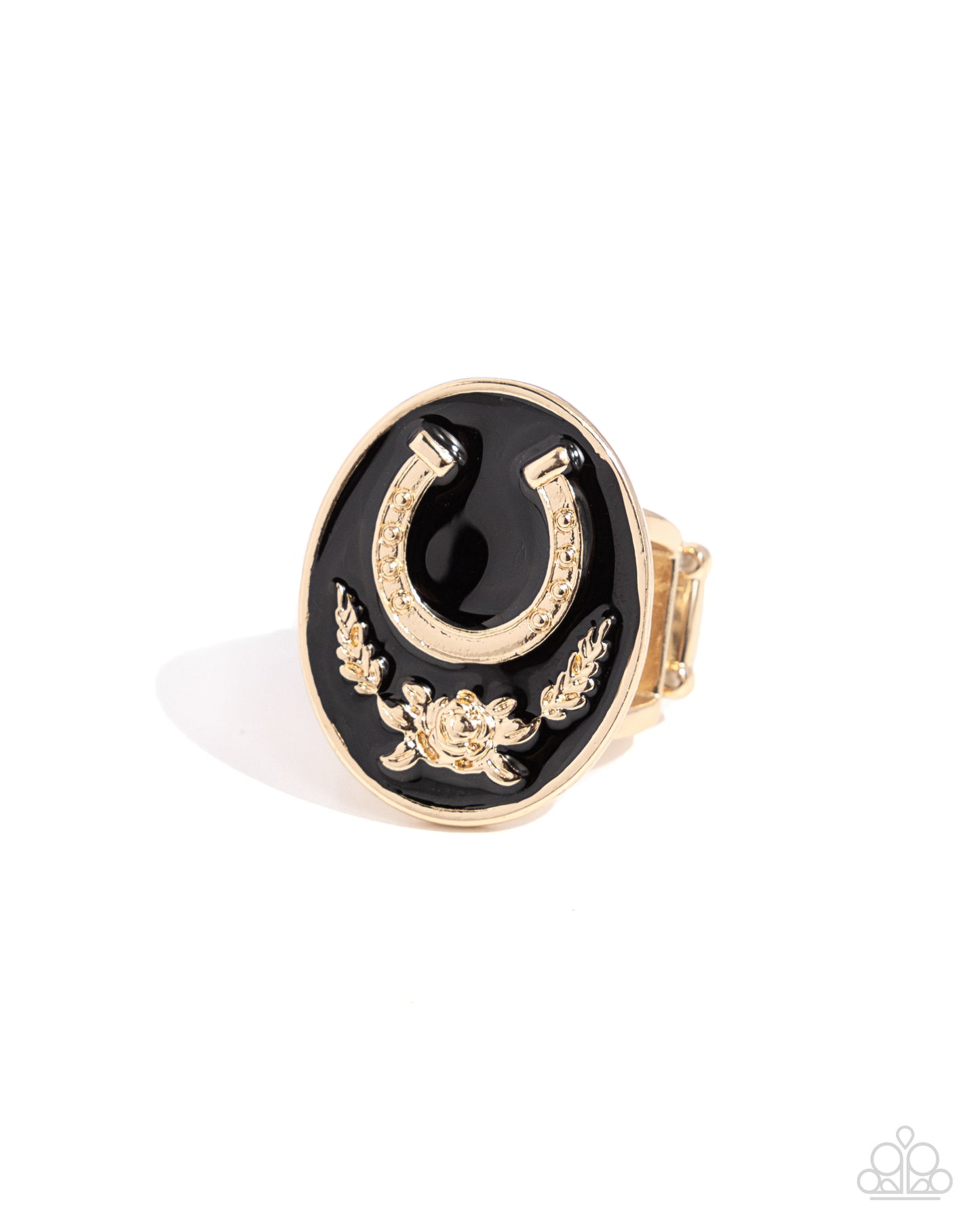 Santa Fe Stallion - Black Painted Gold Horseshoe Ring Paparazzi R0918