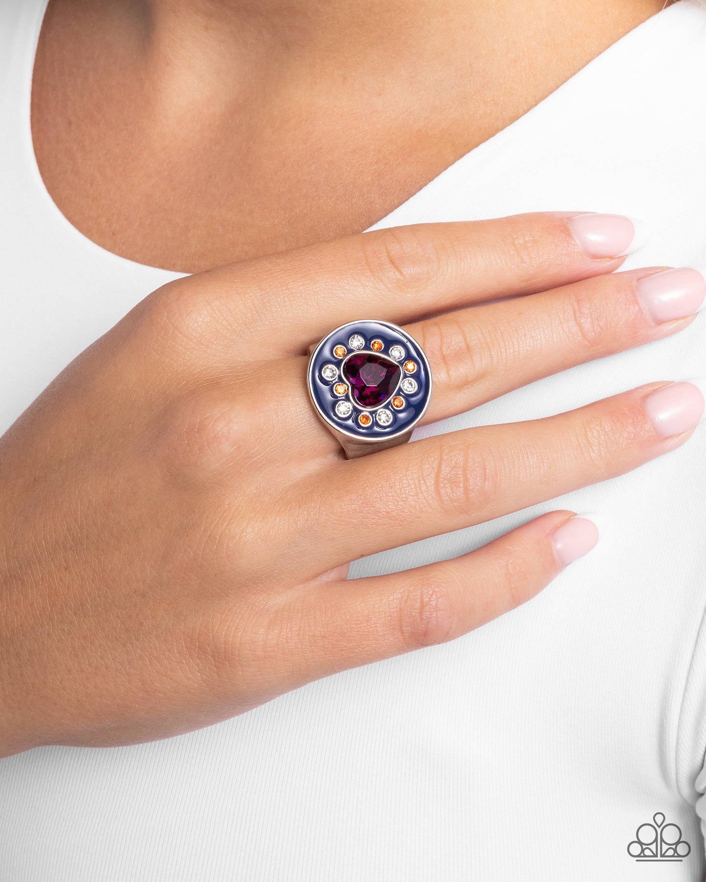 Parlor Painting - Blue Navy Painted Fuchsia Heart Gem Ring Paparazzi R1001