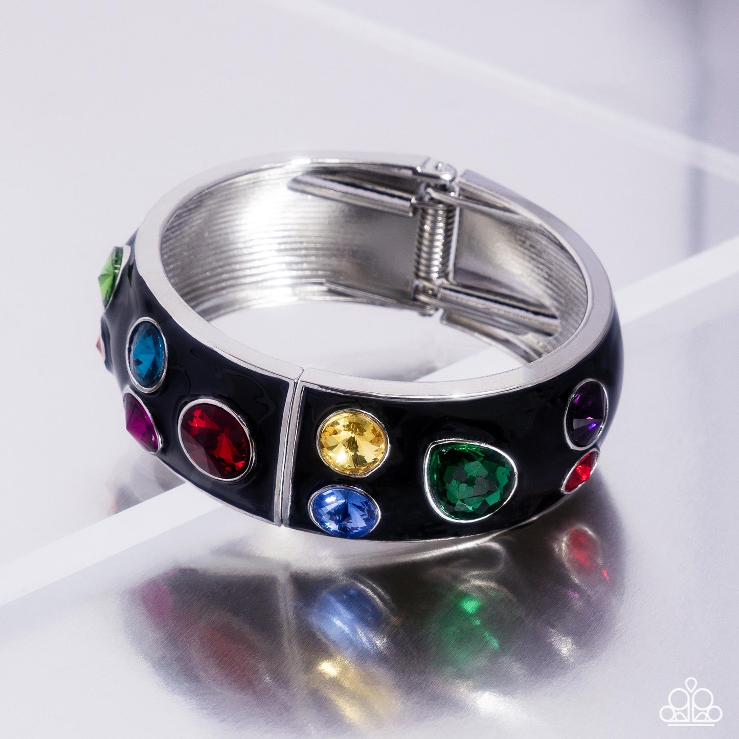 Planned Polka Dots - Multi Colored Gem Black Painted Hinge Bracelet Life Of The Party November 2024 Paparazzi B1963