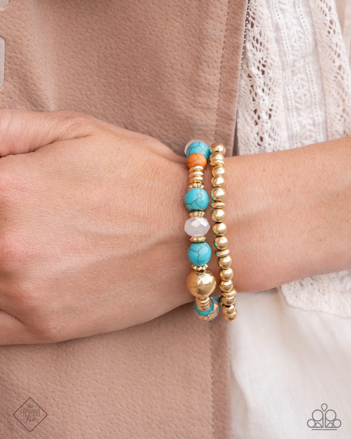 Texan Texture - Gold, Turquoise, Tomato Cream Stone Beads Set Of Two Stretch Bracelets Simply Santa Fe Fashion Fix November 2024 Paparazzi B2339