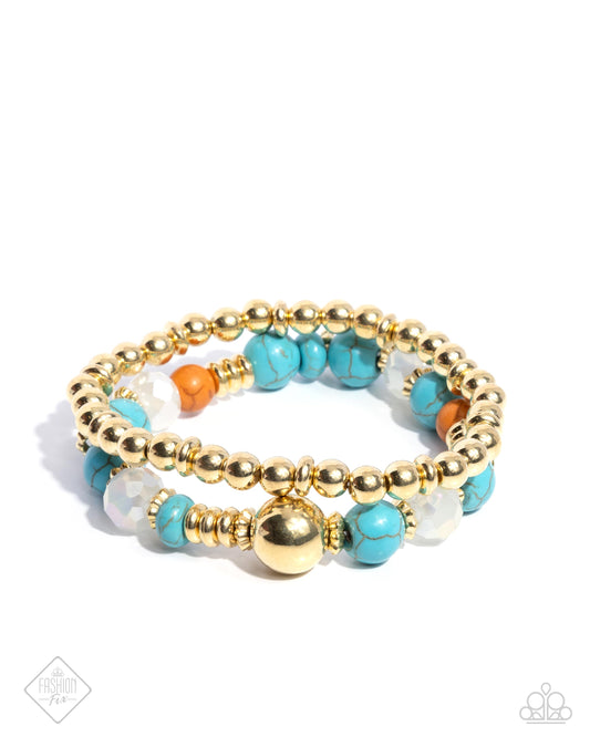 Texan Texture - Gold, Turquoise, Tomato Cream Stone Beads Set Of Two Stretch Bracelets Simply Santa Fe Fashion Fix November 2024 Paparazzi B2339