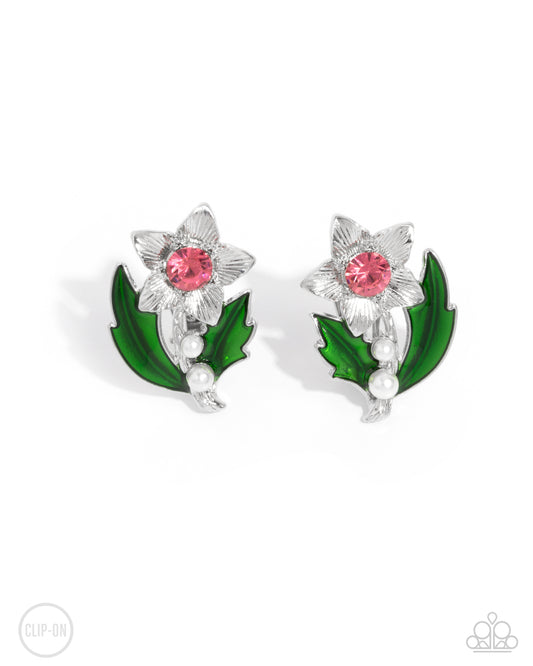 Gardening Guest - Pink & White Flower Clip-On Earring Paparazzi E2170