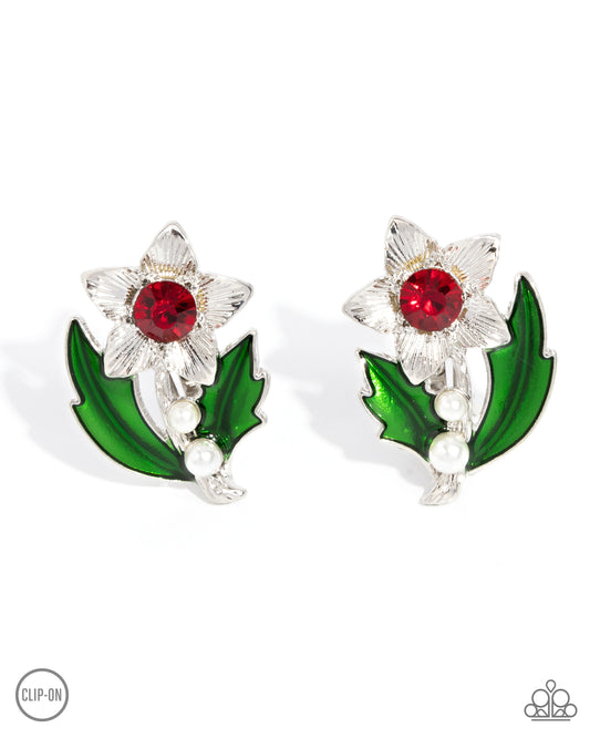 Gardening Guest - Red Gem Center Pink Flower Clip On Earring Paparazzi E1852
