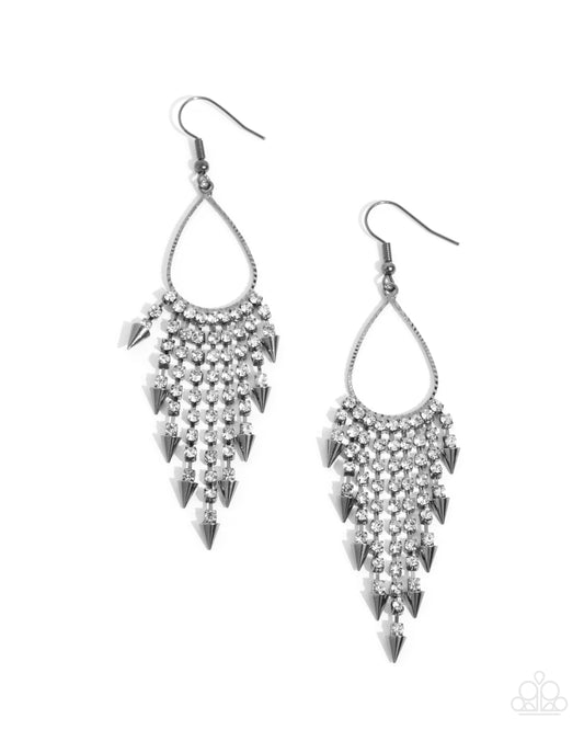 Sharp Streaming - Black Gunmetal Spiked Tassels & White Rhinestone Fringe Earring Paparazzi E2793