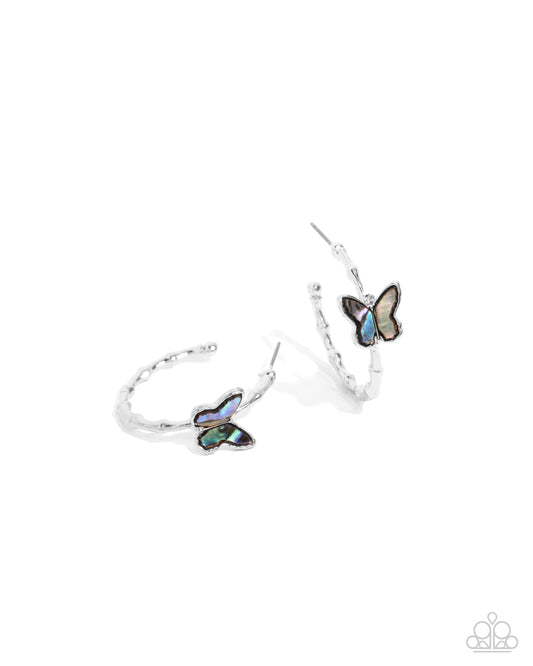 Butterfly Beginning - Blue Abalone Shell Butterfly 1 Inch Hoop Earring Paparazzi E3040