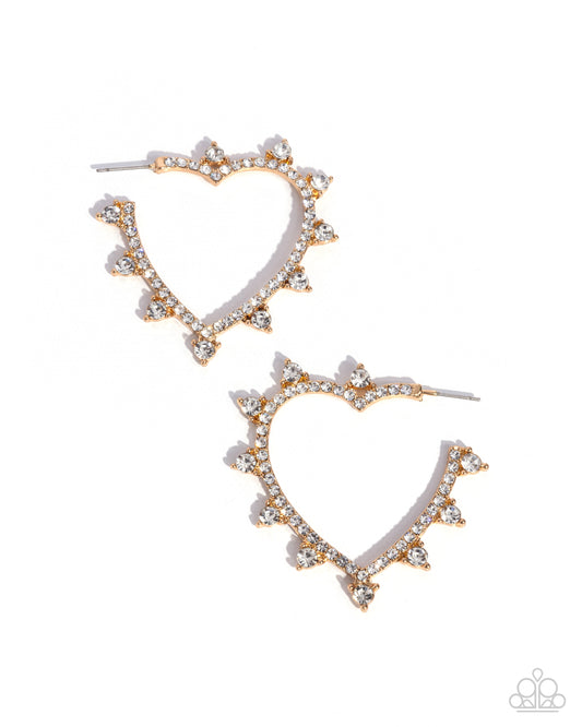 Excessive Elevation - Gold & White Rhinestone Heart 1 1/2 Inch Hoop Earring Paparazzi E2295