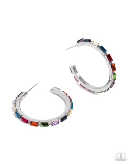 Carnival Chic - Multi Colored Emerald Cut Gem 1 1/2 Inch Hoop Earring Paparazzi E0738