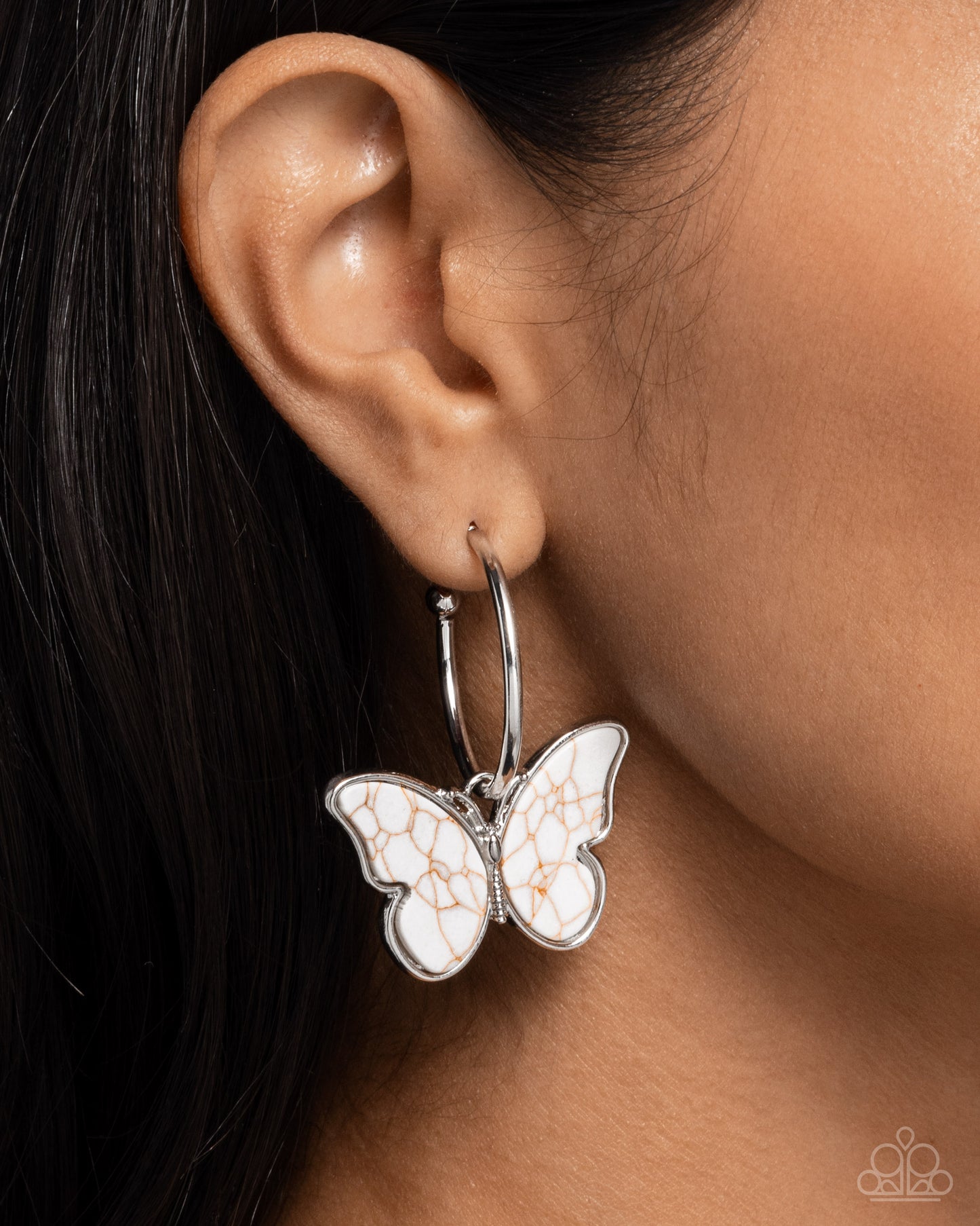 Melodic Mariposa - White Stone Butterfly 1 Inch Hoop Santa Fe Style Earring Paparazzi E2505