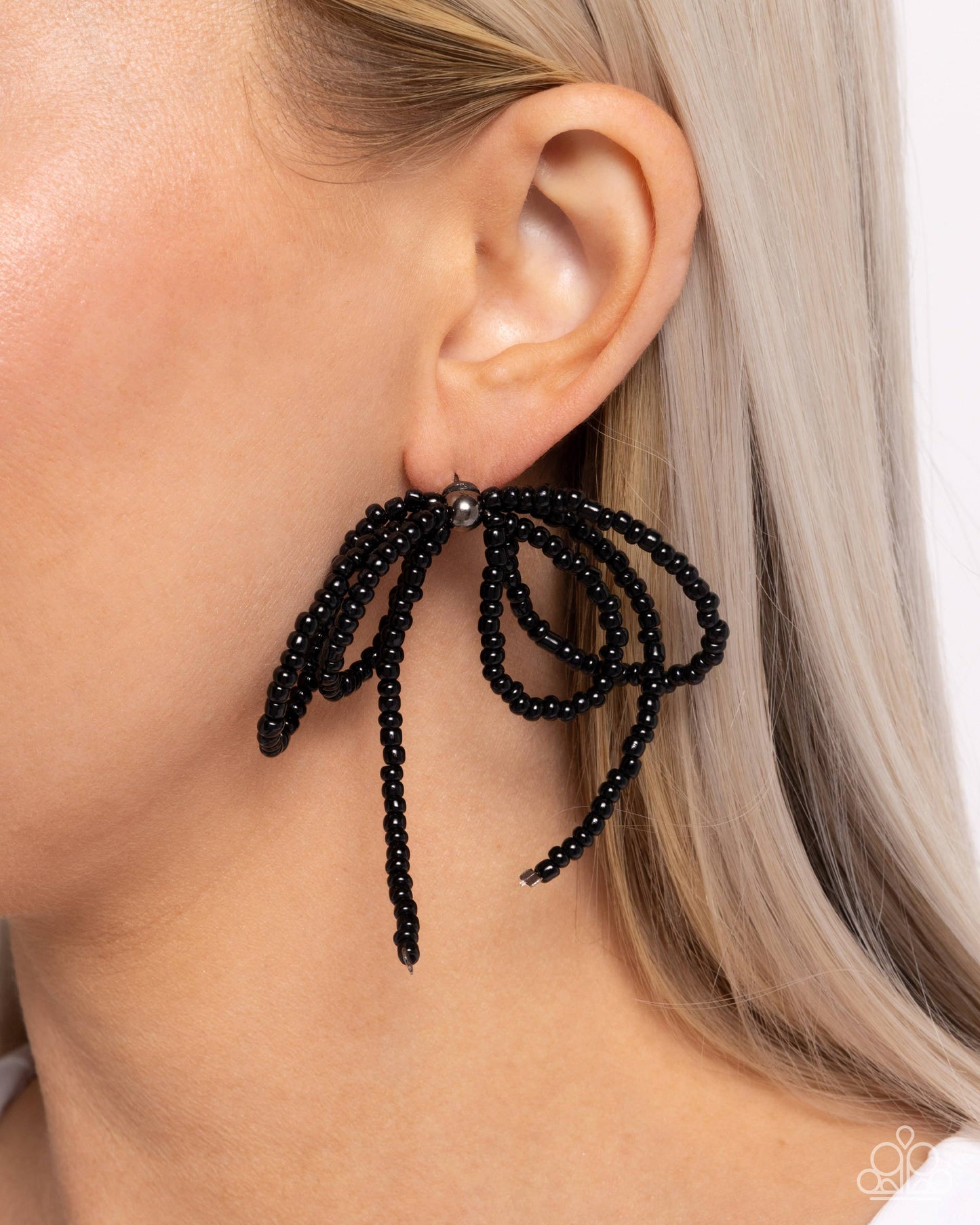 Sophisticated Sprinkle - Black Seed Bead Bow Post Earring Paparazzi E2391