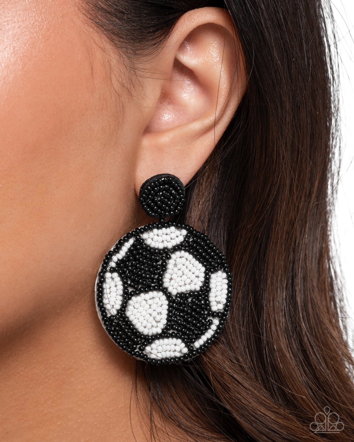 Grand Goalkeeper - Black & White Seed Bead Soccer Sport Post Earring Paparazzi E2602