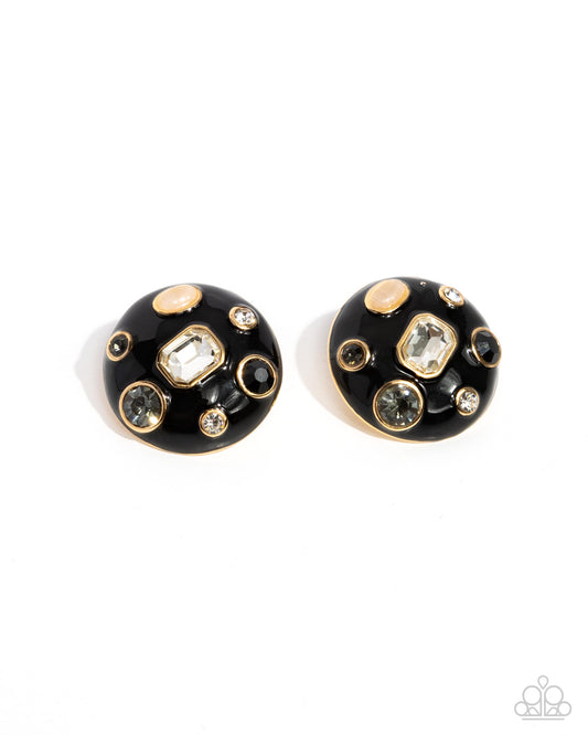 Polished Potential - Black Painted Frame White Rhinestone & champagne Cat's Eye Stone Post Earring Paparazzi E2678
