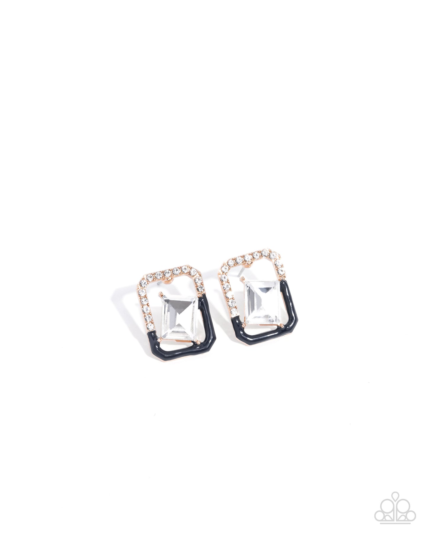Paparazzi Fancy Framing - Blue Navy Painted Bar White Rhinestone Gold Post Earring E3458