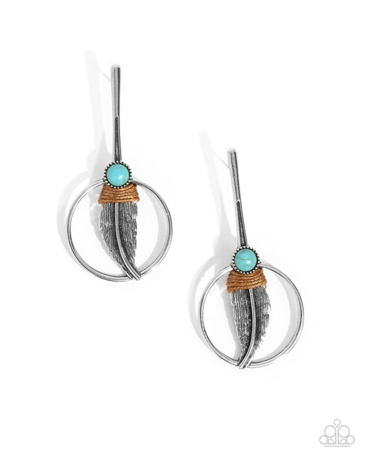 Feathered Future - Blue Turquoise Stone Silver Feather Post Earring Paparazzi E2539