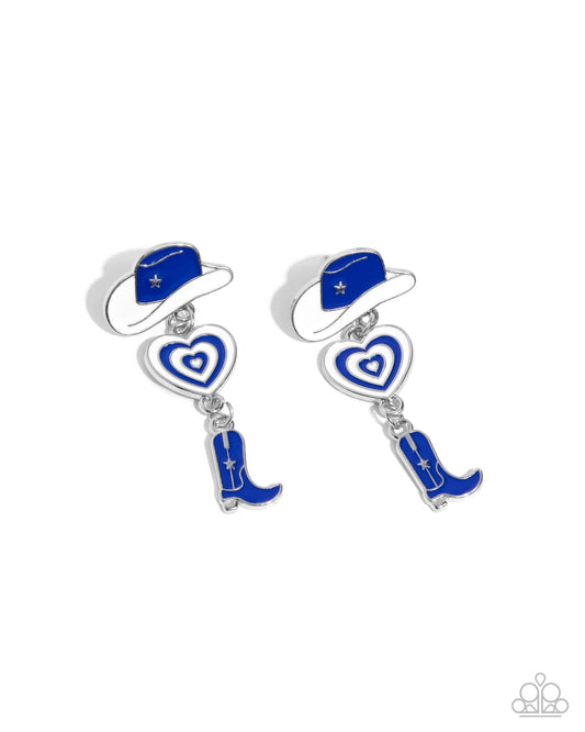 Swing Dance Delight - Blue & White Cowboy Hat & Boot Western Charm Post Earring Paparazzi E2715