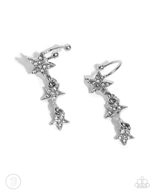 Stellar Surge - White Rhinestone Silver Star Ear Cuff Earring Paparazzi E2647