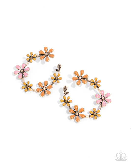 Wreathed Welcome - Gold & Tomato Cream, Saffron & Desert Rose Painted Flower Post Earring Paparazzi E2542