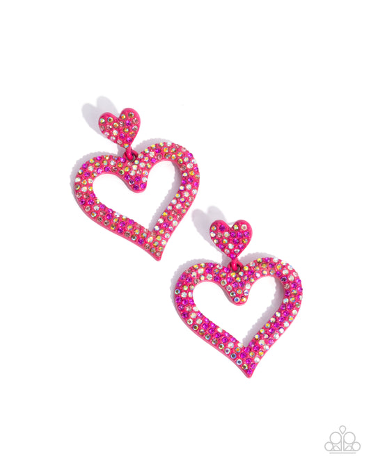 Dazzling Deed - Pink - Pink Peacock Multicolored & Iridescent Rhinestone Heart Earring Paparazzi E2466