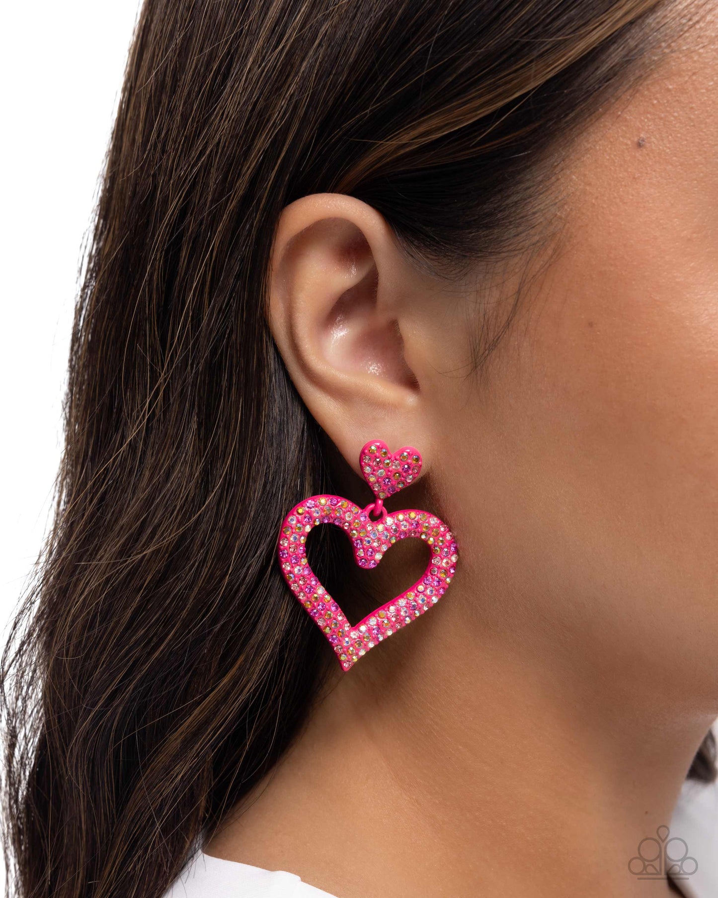 Dazzling Deed - Pink - Pink Peacock Multicolored & Iridescent Rhinestone Heart Earring Paparazzi E2466