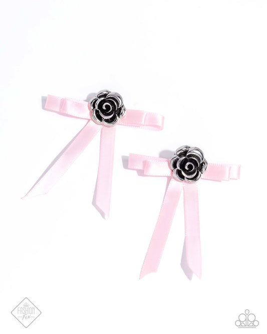 Coquettish Candidate - Pink Ribbon Silver Rosette Earring Glimpses Of Malibu October 2024 Fashion Fix Paparazzi E2381