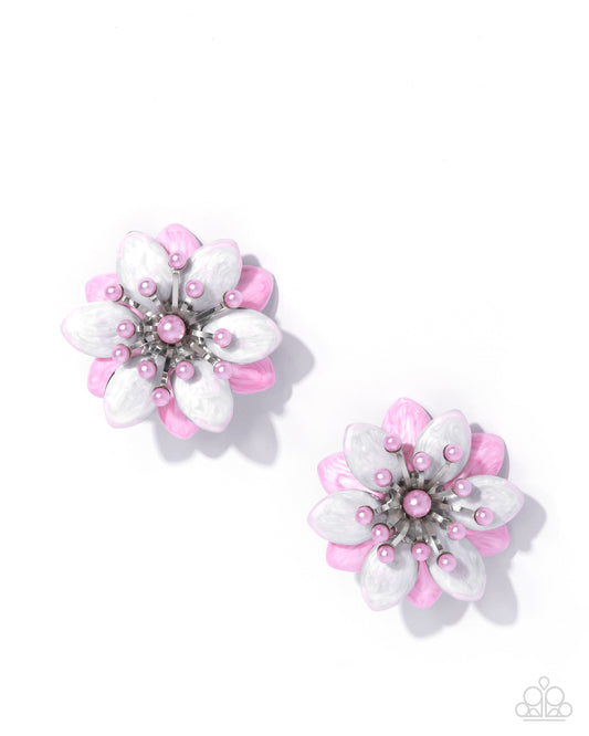 Dimensional Dowry - Pink Pearlized Painted & Light Pink Pearl Floral Post Earring Paparazzi E2526