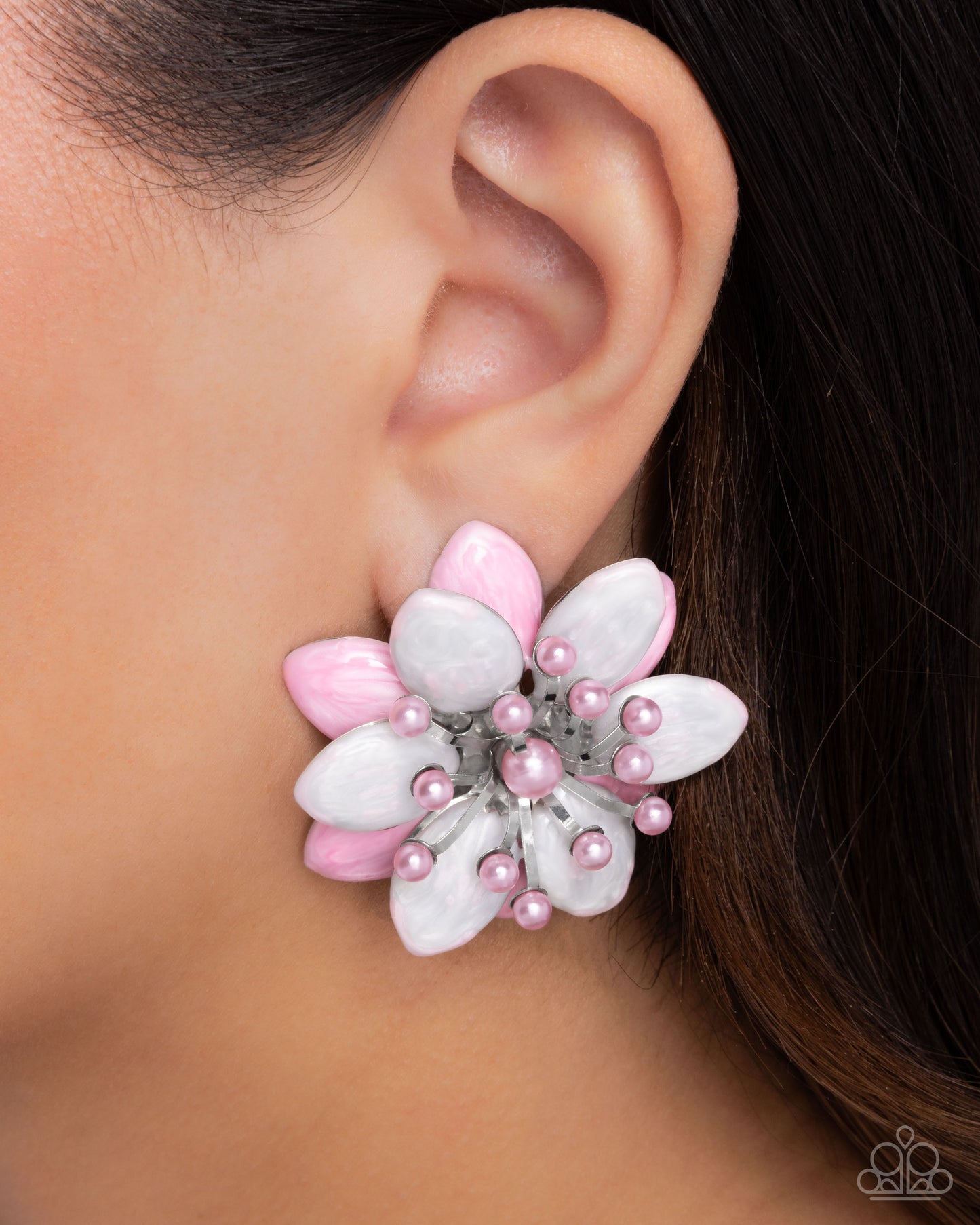 Dimensional Dowry - Pink Pearlized Painted & Light Pink Pearl Floral Post Earring Paparazzi E2526