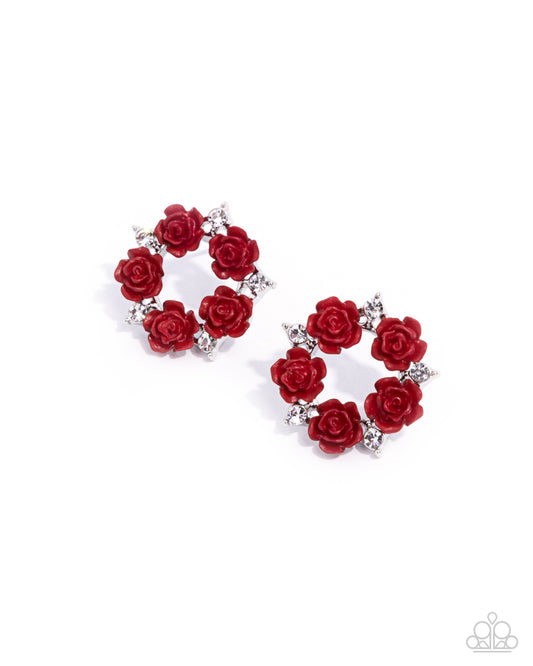 Grace Personified - Red Scarlet Smile Rosette & White Rhinestone Earring Paparazzi E2843