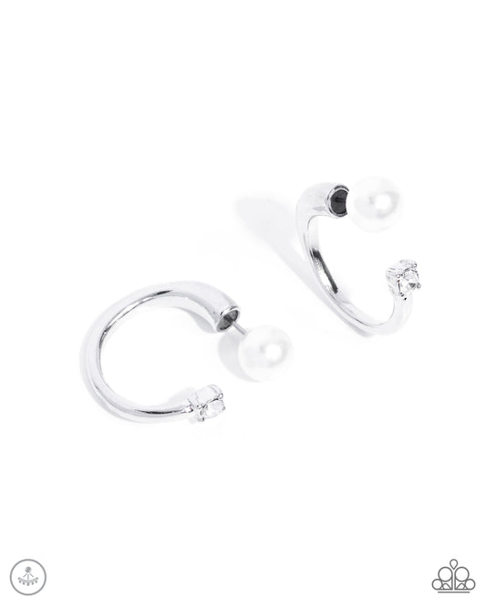 Decade Dance - White Pearl Double Sided Silver 3/4 Inch Hoop Earring Paparazzi E2723