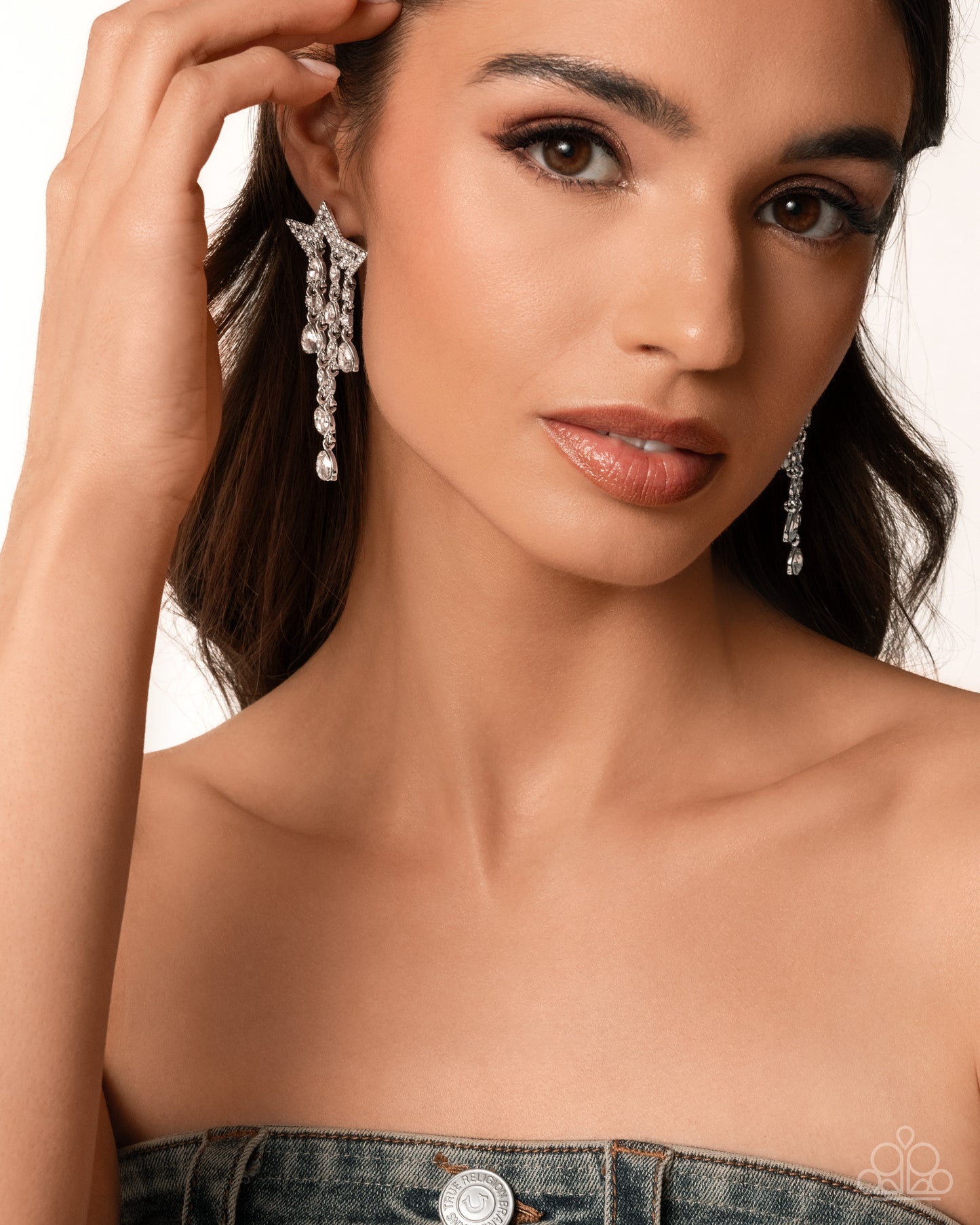 Stellar Scale - White Rhinestone Gem Half Star Post Earring Paparazzi E2398