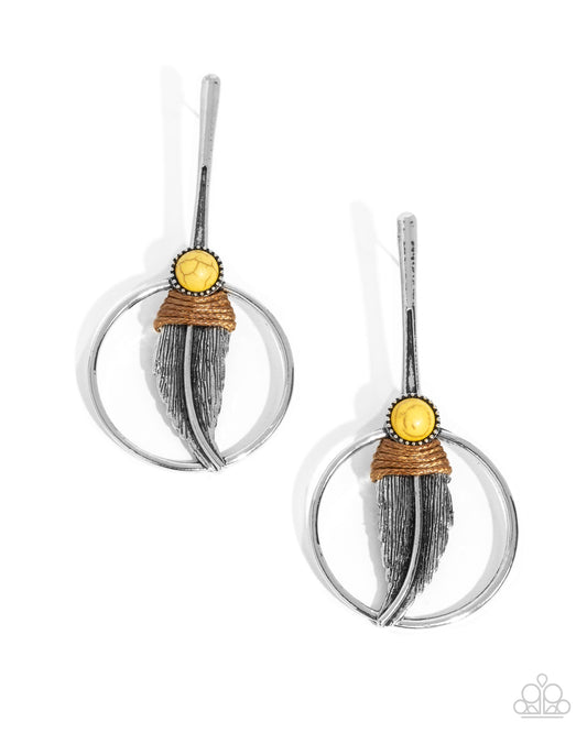 Feathered Future - Yellow Stone & Silver Feather Santa Fe Style Post Earring Paparazzi E2470