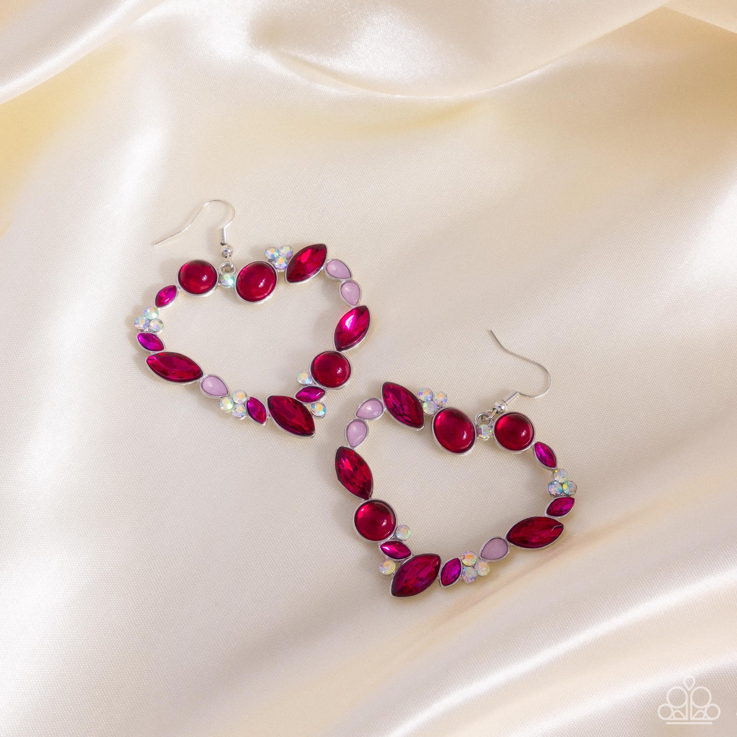 Heart Hierarchy - Pink, Hot Pink, Iridescent Rhinestone, Fuchsia Gem Heart Earring Paparazzi E2415