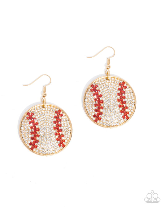 Homerun Haute - Gold Frame, Red & White Rhinestone Baseball Sport Earring Paparazzi E2680