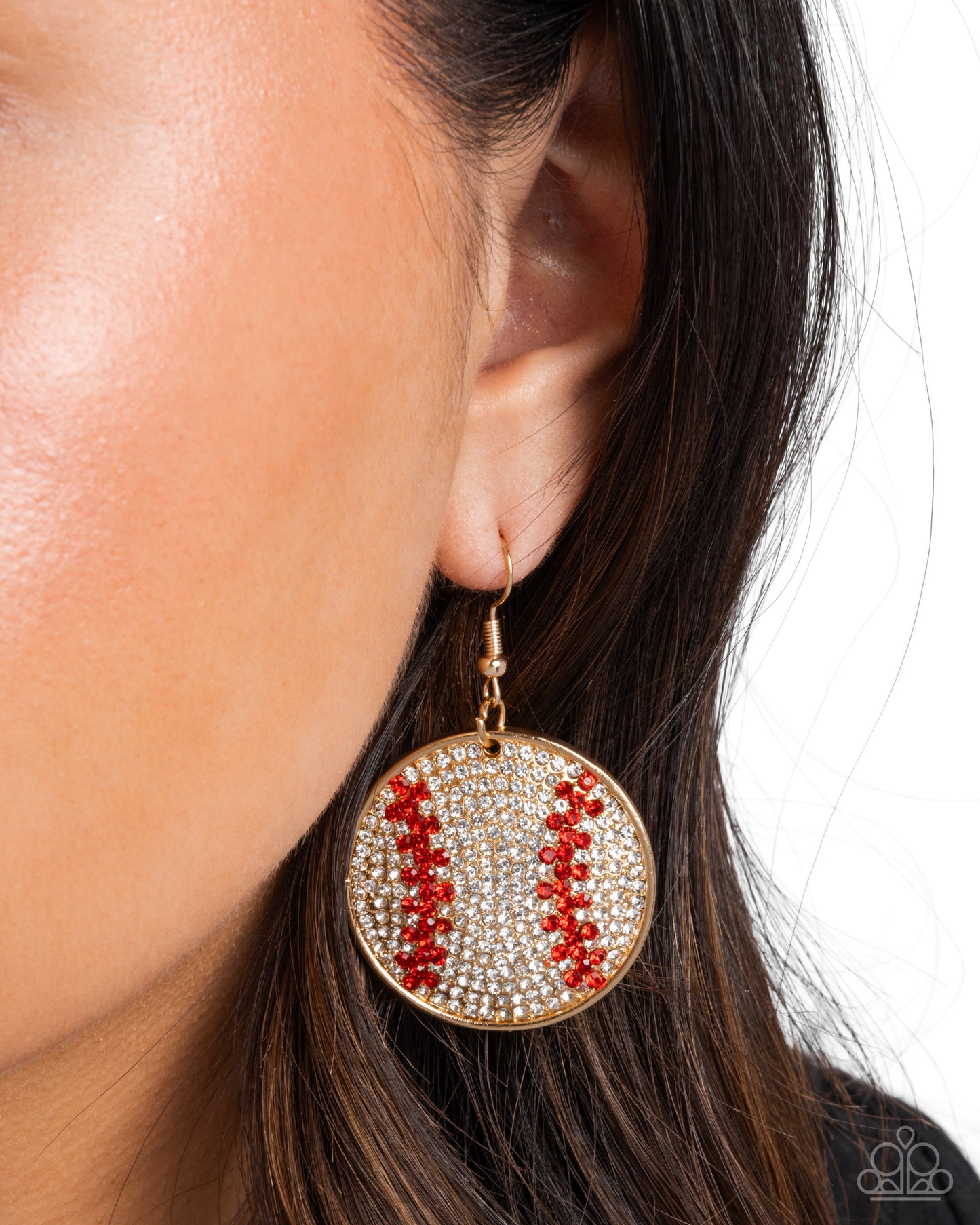 Homerun Haute - Gold Frame, Red & White Rhinestone Baseball Sport Earring Paparazzi