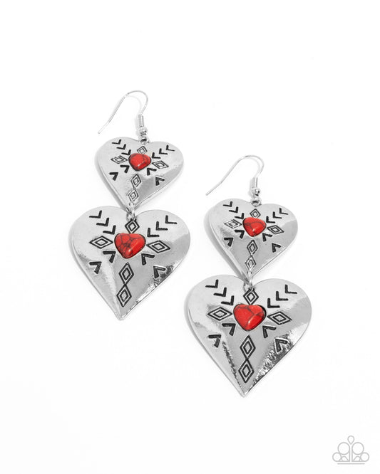 Rustic Repetition - Red Stone & Silver Heart Santa Fe Style Earring Paparazzi E2343