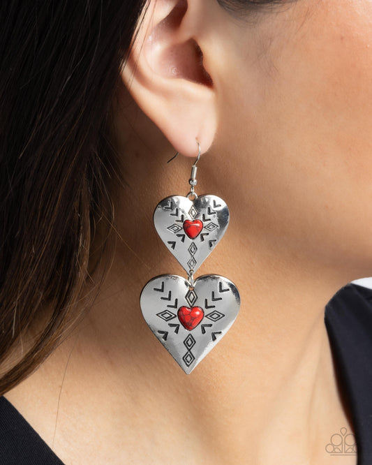 Rustic Repetition - Red Stone & Silver Heart Santa Fe Style Earring Paparazzi E2343