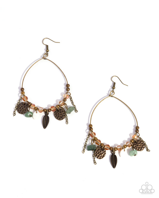 Feathered Fringe - Brass Feather, Light Peach, Jade Stone Fringe Earring Paparazzi E2520