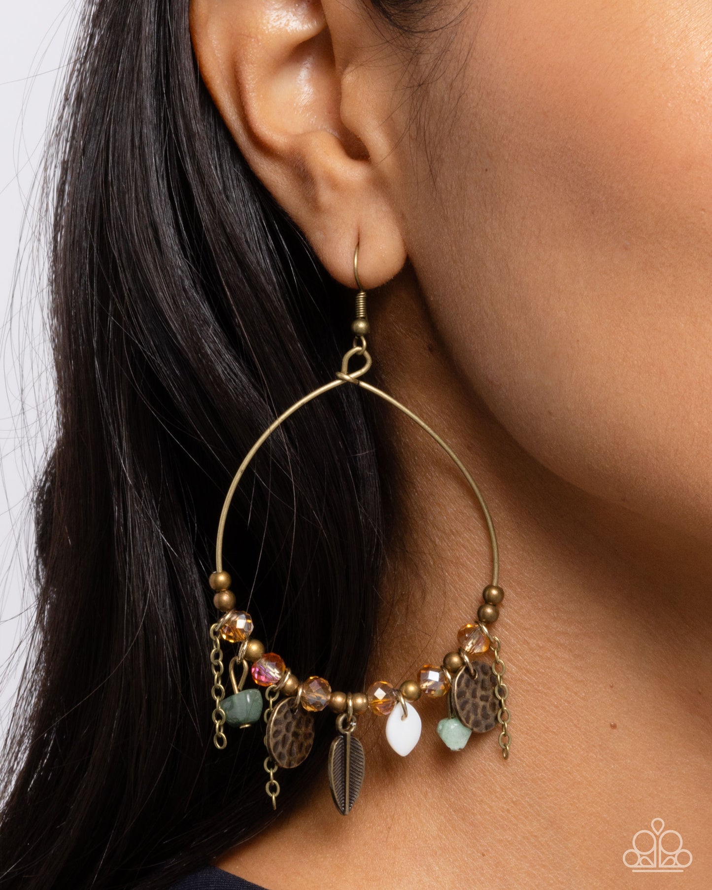 Feathered Fringe - Brass Feather, Light Peach, Jade Stone Fringe Earring Paparazzi E2520