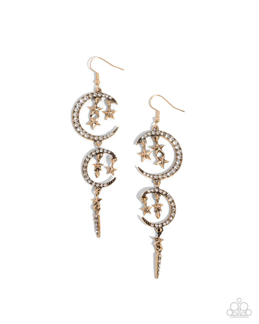Celestial Cascade - Gold Crecent Moon, Star & White Rhinestone Chandelier Earring Paparazzi E2362