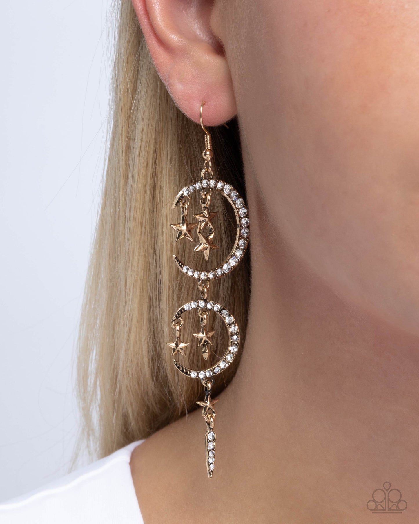 Celestial Cascade - Gold Crecent Moon, Star & White Rhinestone Chandelier Earring Paparazzi E2362