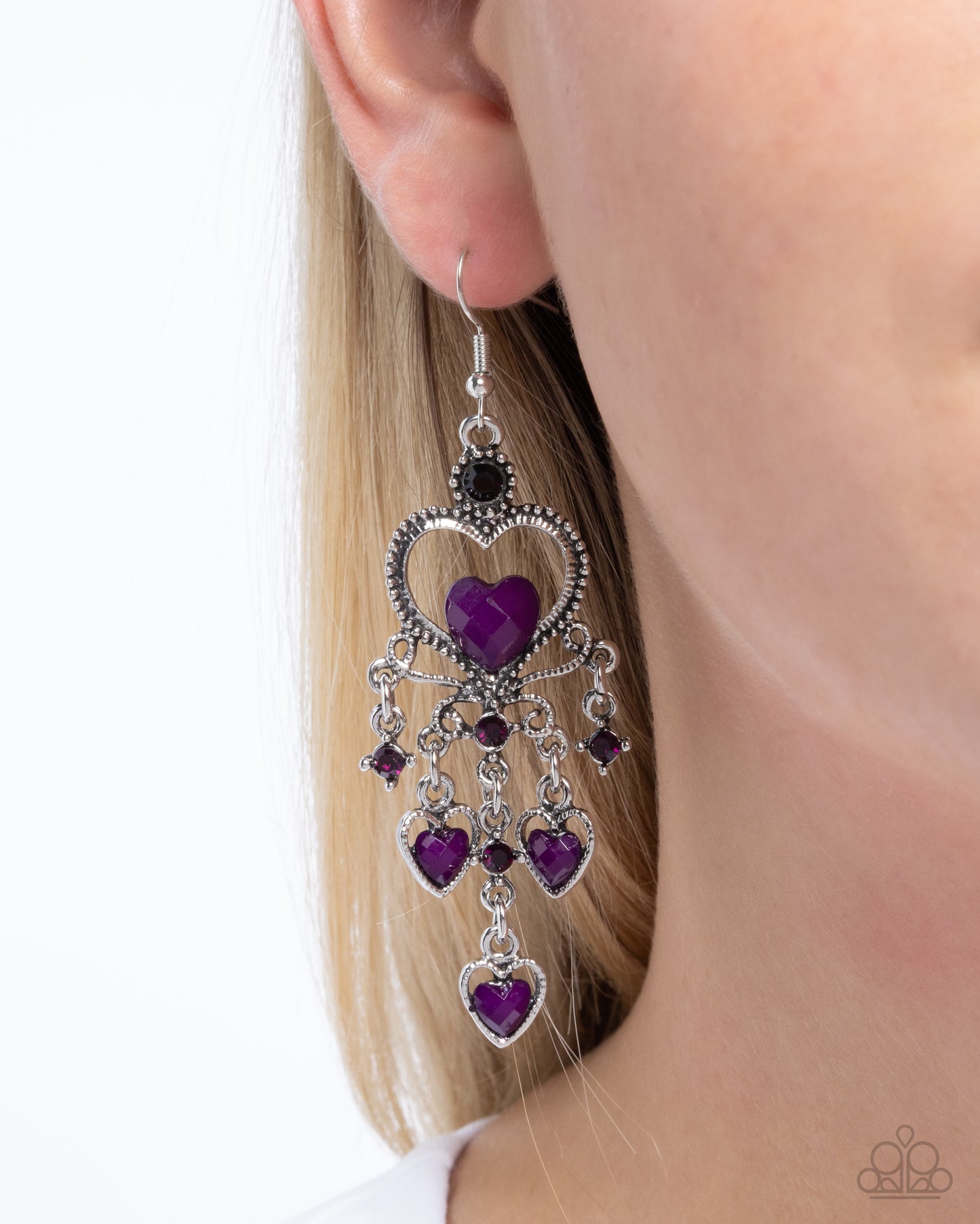 Compassionate Chandelier - Purple Heart Gem & Amethyst Rhinestone Earring Paparazzi E2455