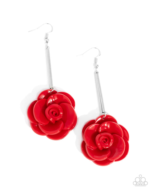 Saccharine Sprig - Red Scarlet Smile Acrylic Rosette Flower Silver Earring Paparazzi E2357